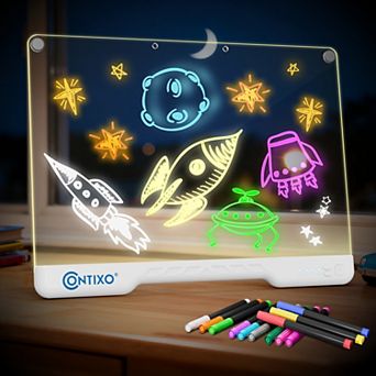 Contixo 16-Inch LED Drawing Board for Kids, Light-Up Doodle Art Kit with 12 Markers, 10 Color Modes