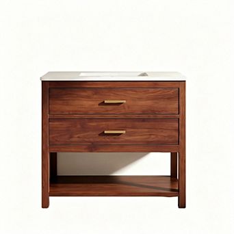 Bathroom Vanity with Sink, Bathroom Storage Cabinet with 2 Drawers, Golden Handle & Open Shelf
