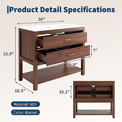 Bathroom Vanity with Sink, Bathroom Storage Cabinet with 2 Drawers, Golden Handle & Open Shelf