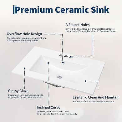 Bathroom Vanity with Sink, Bathroom Storage Cabinet with 2 Drawers, Golden Handle & Open Shelf