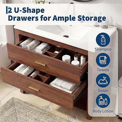 Bathroom Vanity with Sink, Bathroom Storage Cabinet with 2 Drawers, Golden Handle & Open Shelf