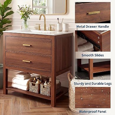 Bathroom Vanity with Sink, Bathroom Storage Cabinet with 2 Drawers, Golden Handle & Open Shelf