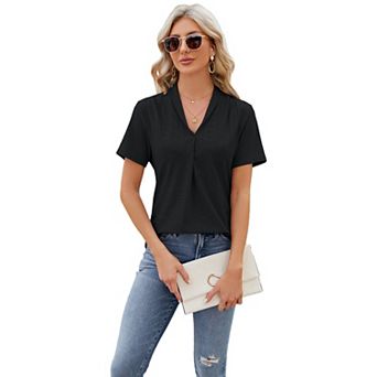 Women's V-Neck Jacquard Knit Top, Short Sleeve Loose Fit Polo Shirt