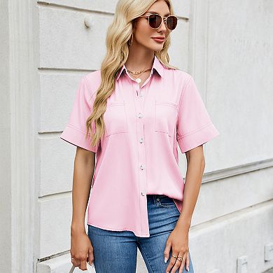 Women's Short Sleeve Button Down Shirt, Loose Fit Casual Blouse with Pockets