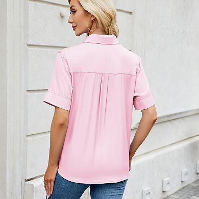Women's Short Sleeve Button Down Shirt, Loose Fit Casual Blouse with Pockets