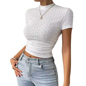 Women's Mock Neck Jacquard Mesh Crop Top, Short Sleeve Bodycon T-Shirt