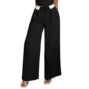 Women's High Waist Wide Leg Pants, Contrast Waistband Pleated Trousers