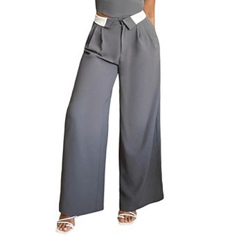 Women's High Waist Wide Leg Pants, Contrast Waistband Pleated Trousers