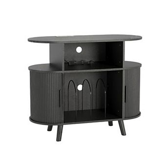 Fluted Mid Century Modern Turntable Cabinet, Large Round Record Player Stand with Charging Station