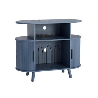 Fluted Mid Century Modern Turntable Cabinet, Large Round Record Player Stand with Charging Station