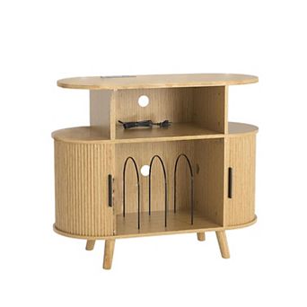 Fluted Mid Century Modern Turntable Cabinet, Large Round Record Player Stand with Charging Station