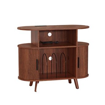 Fluted Mid Century Modern Turntable Cabinet, Large Round Record Player Stand with Charging Station