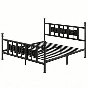 MetalBed Frame with Headboard & Footboard, w/ Vintage Circular Design & Storage Space Under Bed