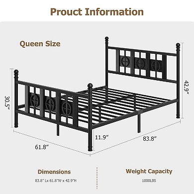 MetalBed Frame with Headboard & Footboard, w/ Vintage Circular Design & Storage Space Under Bed