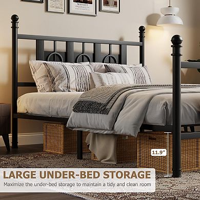 MetalBed Frame with Headboard & Footboard, w/ Vintage Circular Design & Storage Space Under Bed