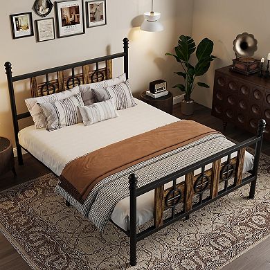MetalBed Frame with Headboard & Footboard, w/ Vintage Circular Design & Storage Space Under Bed