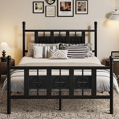 MetalBed Frame with Headboard & Footboard, w/ Vintage Circular Design & Storage Space Under Bed