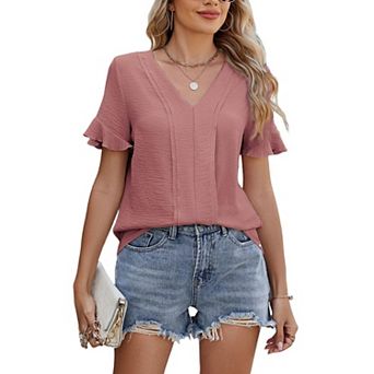 Women's V Neck Ruffle Short Sleeve Blouse, Front Vertical Pleated Crinkled Casual Loose Top