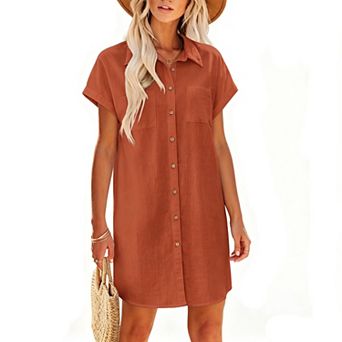 Short Sleeve Collared Shirt Dress Button Front Mini Dress with Dual Pocket Detail