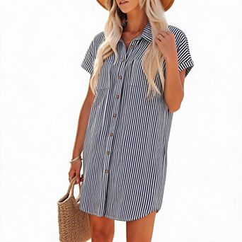 Short Sleeve Collared Shirt Dress Button Front Mini Dress with Dual Pocket Detail