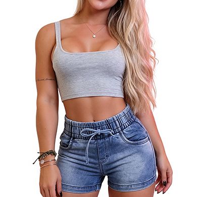Women's High Waisted Elastic Waist Drawstring Casual Denim Shorts