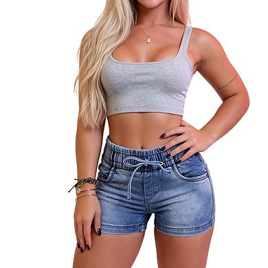 Women's High Waisted Elastic Waist Drawstring Casual Denim Shorts
