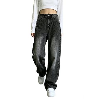 Women's High Waisted Baggy Straight Leg Fleece Lined Casual Denim Pants
