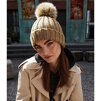 Beechfield Unisex Fur Pop Pom Chunky Beanie