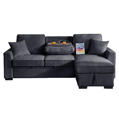 90.5" Chenille Reversible Sleeper With Storage Chaise, Cup Holders & USB/USB-C Charging Ports
