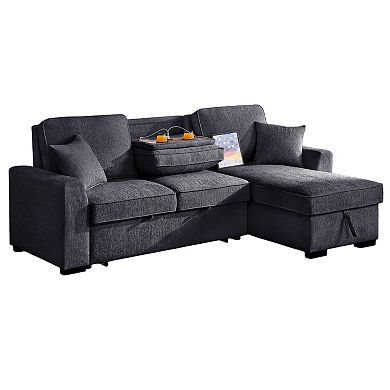 90.5" Chenille Reversible Sleeper With Storage Chaise, Cup Holders & USB/USB-C Charging Ports