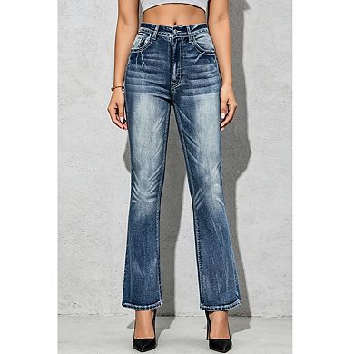 Women's High Waisted Stretch Denim Pants with Embellished Back Pockets