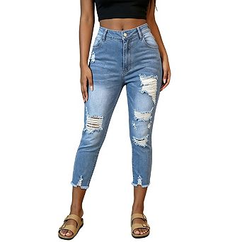 Women's High Waisted Cropped Distressed Skinny Denim Pants with Frayed Hem