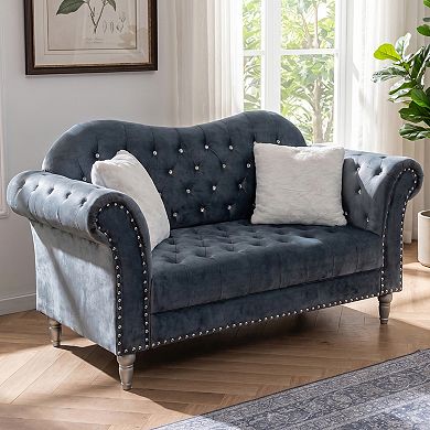 66.5" Velvet Loveseat, Crystal Diamond Tufted Chesterfield