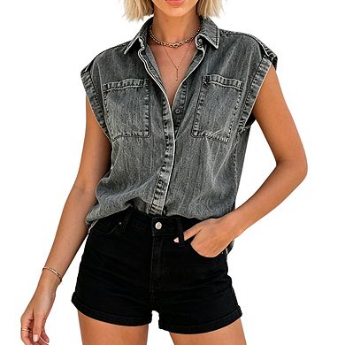 Women's Collared Cap Sleeve Button Front Casual Denim Shirt