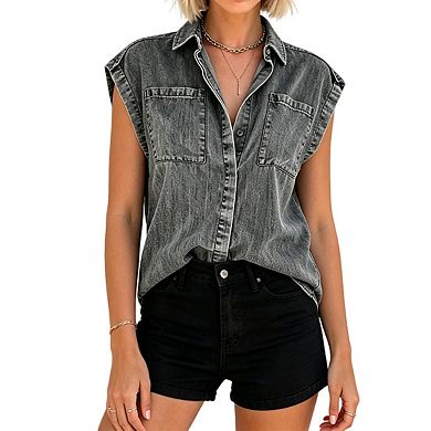 Women's Collared Cap Sleeve Button Front Casual Denim Shirt