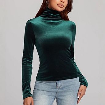 Women's Velvet Fall Top, Turtleneck Long Sleeve Shirt Form-Fitting Casual Blouse