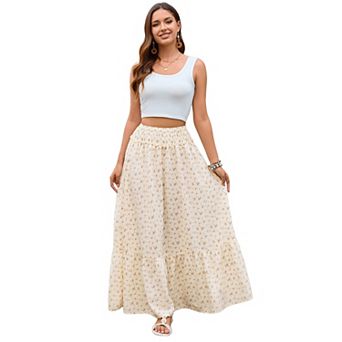 Women Maxi Skirt Tiered Elastic High Waist A-Line Casual Skirt