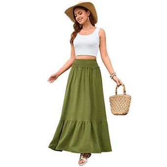 Women Maxi Skirt Tiered Elastic High Waist A-Line Casual Skirt