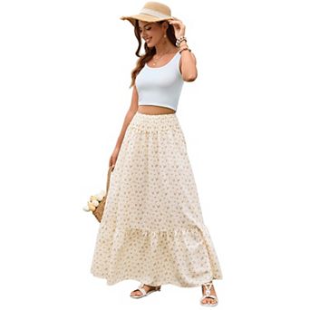 Women Casual Layered Skirt Elastic High Waisted Flowy Long Skirt