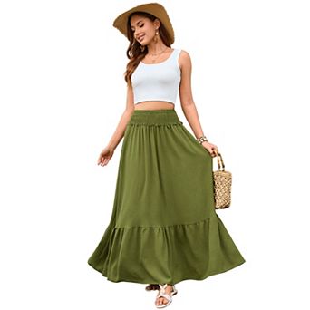 Women Casual Layered Skirt Elastic High Waisted Flowy Long Skirt