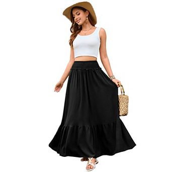 Women Casual Layered Skirt Elastic High Waisted Flowy Long Skirt
