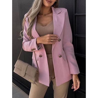 Women’s Double Breasted Blazer Lapel Collar Long Sleeve Casual Office Suit Jacket