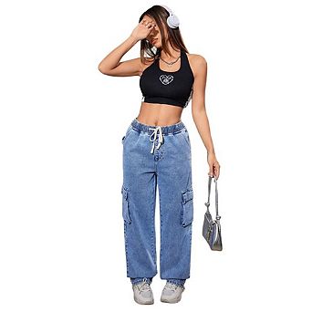 Women's Elastic Waist Loose Straight Leg Cargo Pants Casual Wide Leg Stretch Jeans