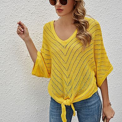 Women's V Neck Hollow Out Knit Top Batwing Sleeve Front Tie Back Cutout Sweater