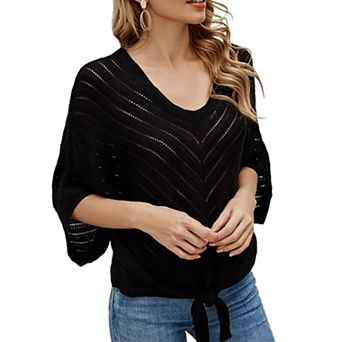 Women's V Neck Hollow Out Knit Top Batwing Sleeve Front Tie Back Cutout Sweater
