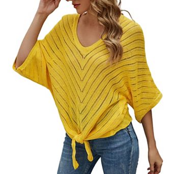 Women's V Neck Hollow Out Knit Top Batwing Sleeve Front Tie Back Cutout Sweater
