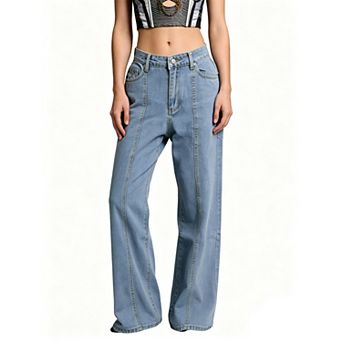 Women's High Waist Seam Wash Straight Wide Leg Denim Jeans Summe Fall Casual Long Pants With Pockets