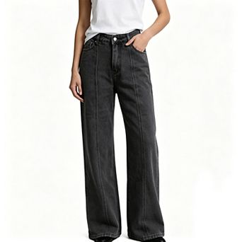 Women's High Waist Seam Wash Straight Wide Leg Denim Jeans Summe Fall Casual Long Pants With Pockets