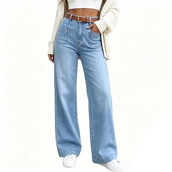 Women's High Waist Wash Patch Pocket Wide Leg Vintage Denim Jeans Summer Fall Retro Casual Pants