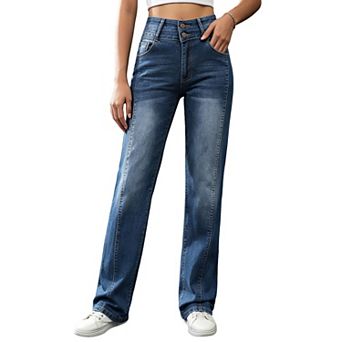 Women's Double Button High Waist Stretch Straight Leg Washed Denim Jeans Summer Fall Pants Pockets